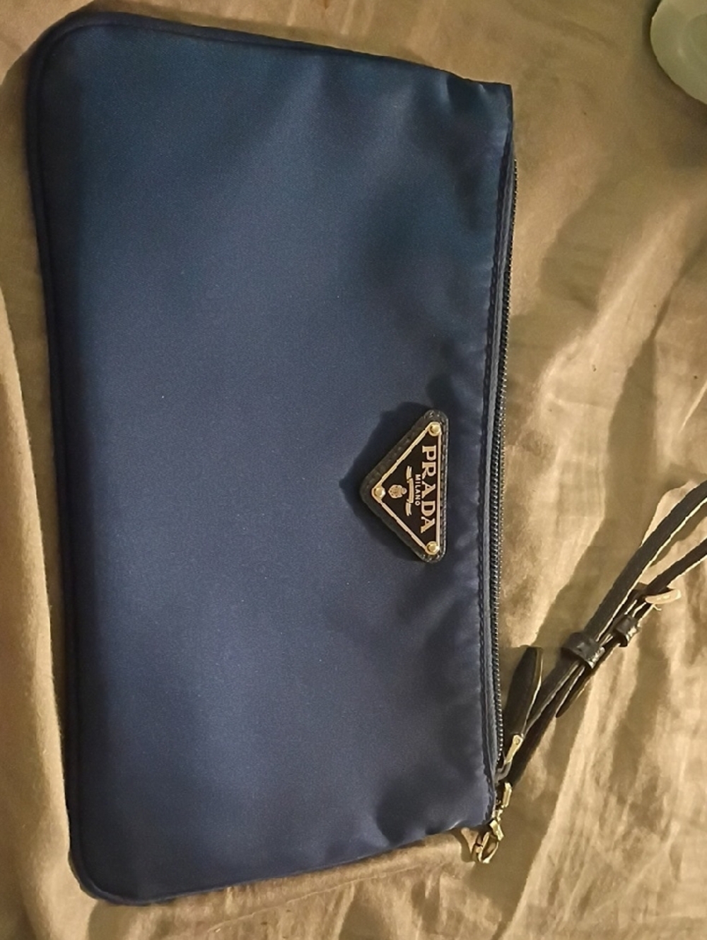 Prada Navy Nylon Wristlet with Gold Triangle Logo - Picture 2 of 3
